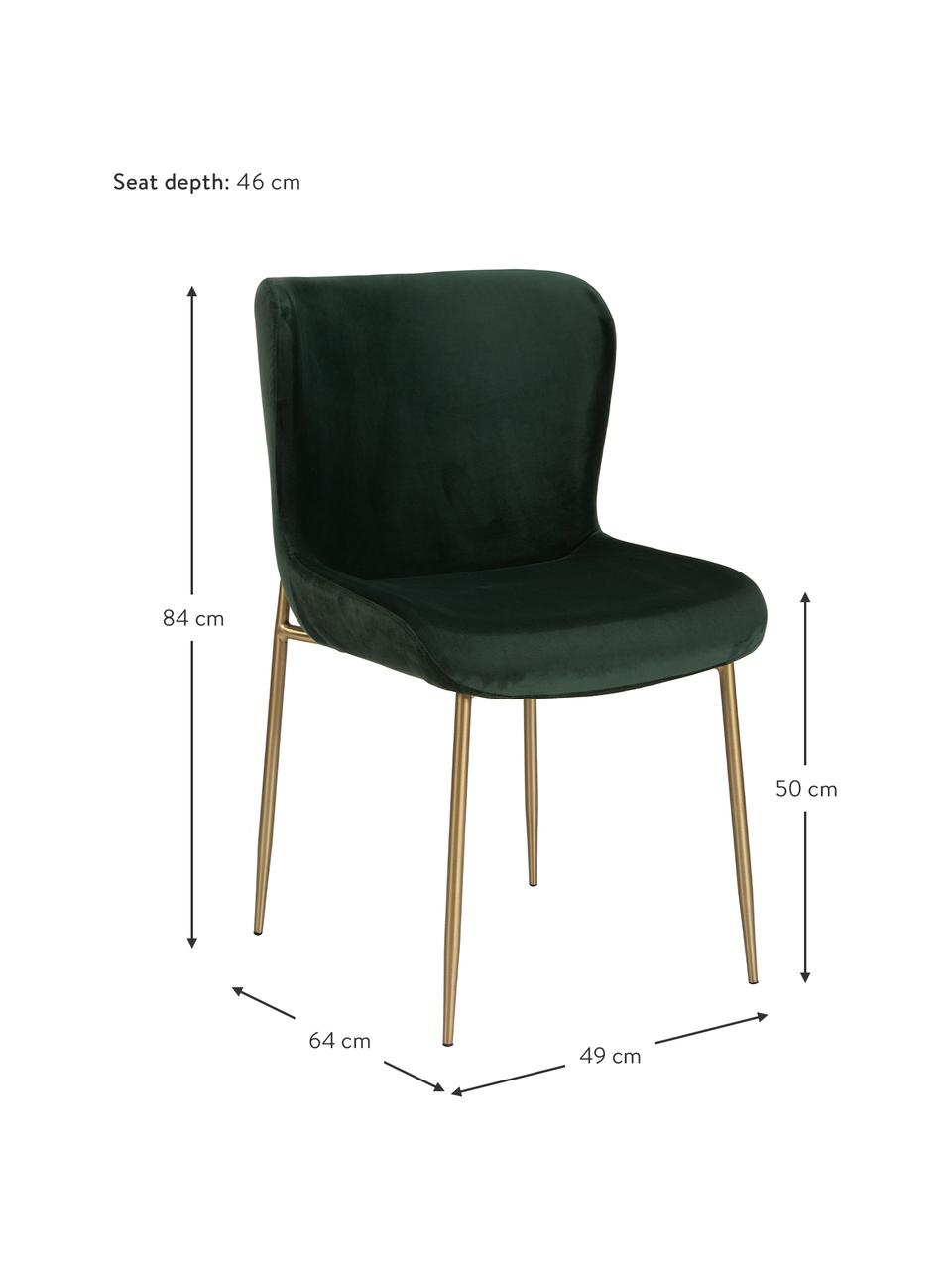 Fluwelen stoel Tess in groen, Bekleding: fluweel (polyester) Met 3, Poten: metaal, gepoedercoat, Fluweel groen, goudkleurig, B 49 x H 84 cm