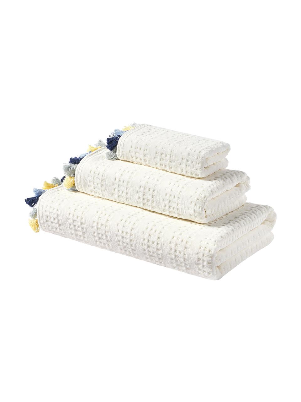 Komplet ręczników z weluru z frędzlami Tallulah, 3 elem., Kremowobiały, wielobarwny, Komplet z różnymi rozmiarami