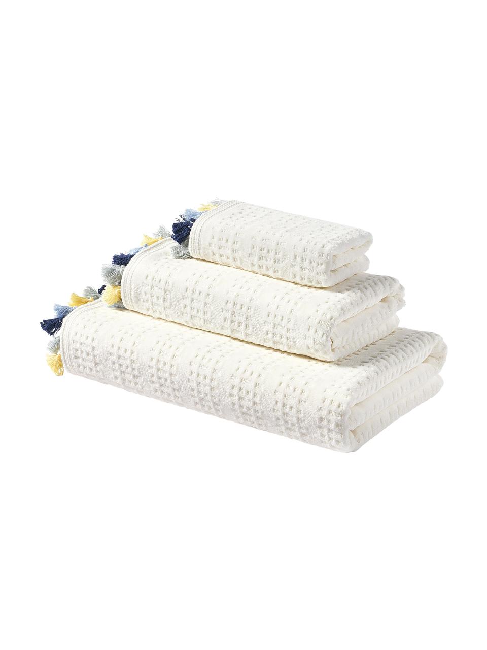 Set de toallas de terciopelo con flecos Tallulah, 3 uds., Blanco crema, muliticolor, Set de diferentes tamaños