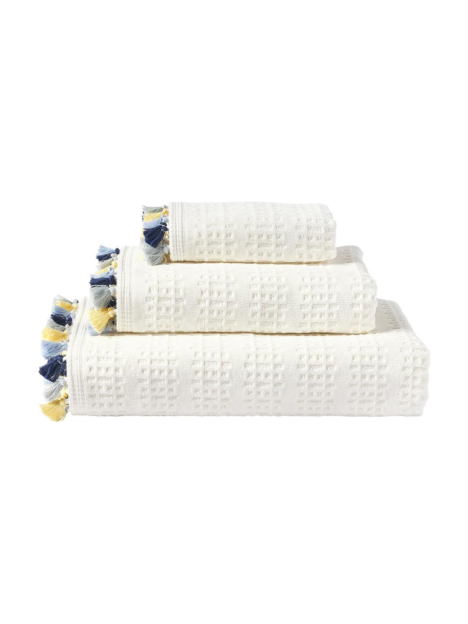 Velours-Handtuch-Set Tallulah mit dekorativen Fransen, 3-tlg., 100 % Baumwolle
Mittelschwere Qualität, 500 g/m²

Das in diesem Produkt verwendete Material ist schadstoffgeprüft und zertifiziert nach STANDARD 100 by OEKO-TEX®, 8135CIT, CITEVE., Cremeweiß, Bunt, Set mit verschiedenen Größen