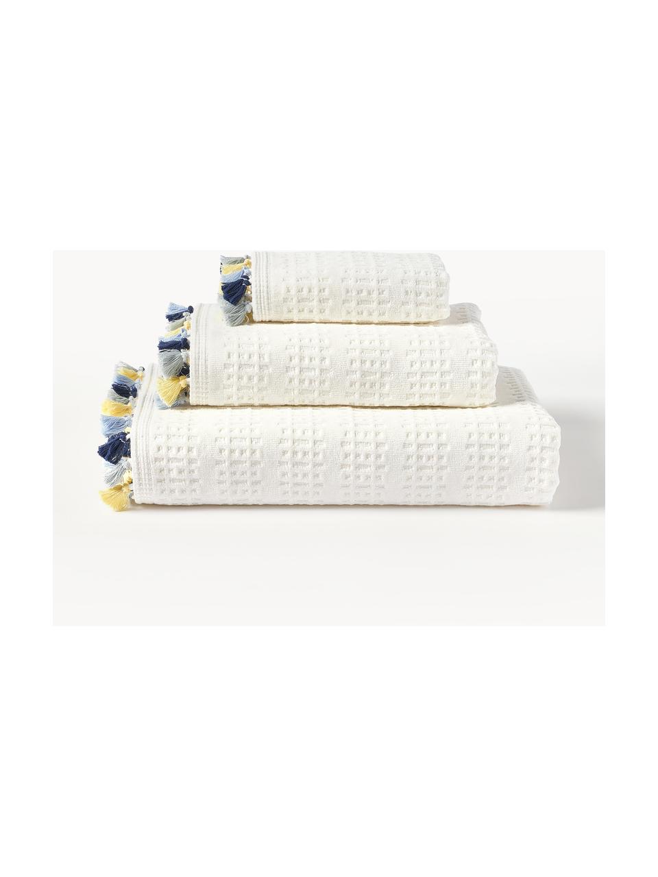 Lot de serviettes de bain en velours avec franges Niam, set de tailles variées, Blanc crème, tons bleus et jaunes, 3 éléments (1 serviette invité, 1 serviette de toilette et 1 drap de bain)