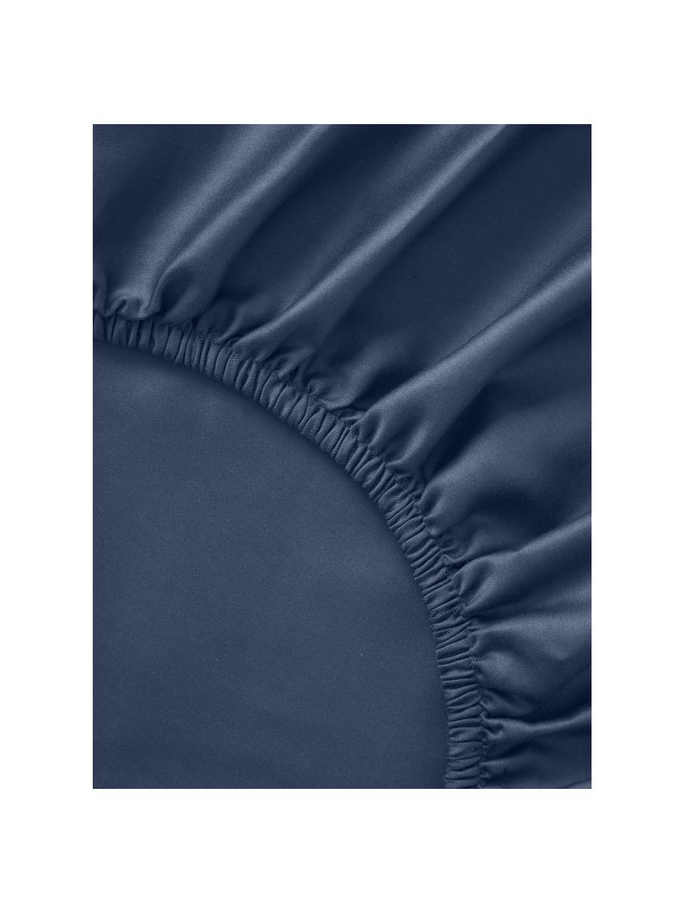 Drap-housse en satin de coton pour sommier tapissier Comfort, Bleu foncé, larg. 90 x long. 200 cm, haut. 35 cm