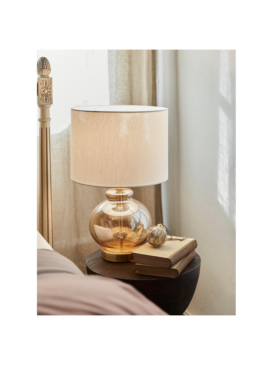 Tafellamp Natty met glazen onderstel, Lampenkap: textiel, Lampvoet: glas, Voetstuk: geborsteld messing, Wit, amberkleurig, transparant, Ø 31 x H 48 cm