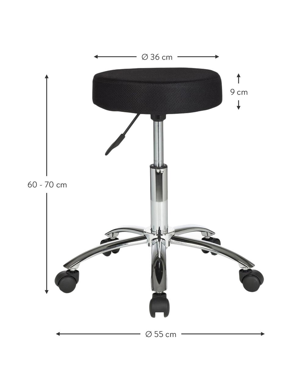 Höhenverstellbarer Bürohocker Leon mit Rollen, Bezug: Nylon, Polyamid, Gestell: Metall, verchromt, Rollen: Kunststoff, Schwarz, Chrom, Ø 55 x H 60 cm