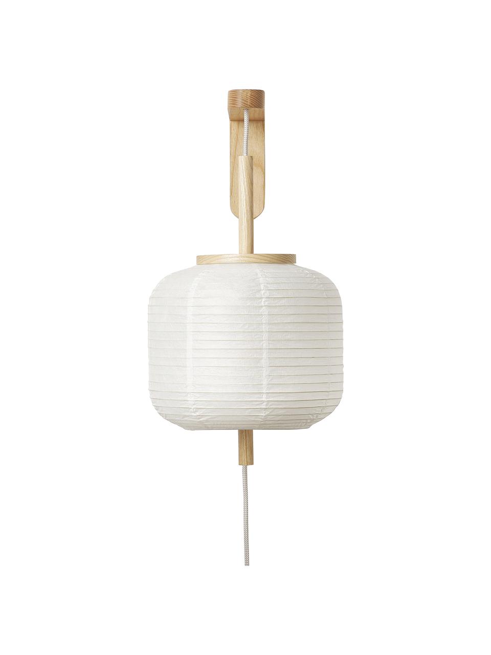 Design wandlamp Misaki uit rijstpapier, Lampenkap: rijstpapier, Decoratie: hout, Baldakijn: gepoedercoat metaal, Wit, helder hout, Ø 30 x H 60 cm