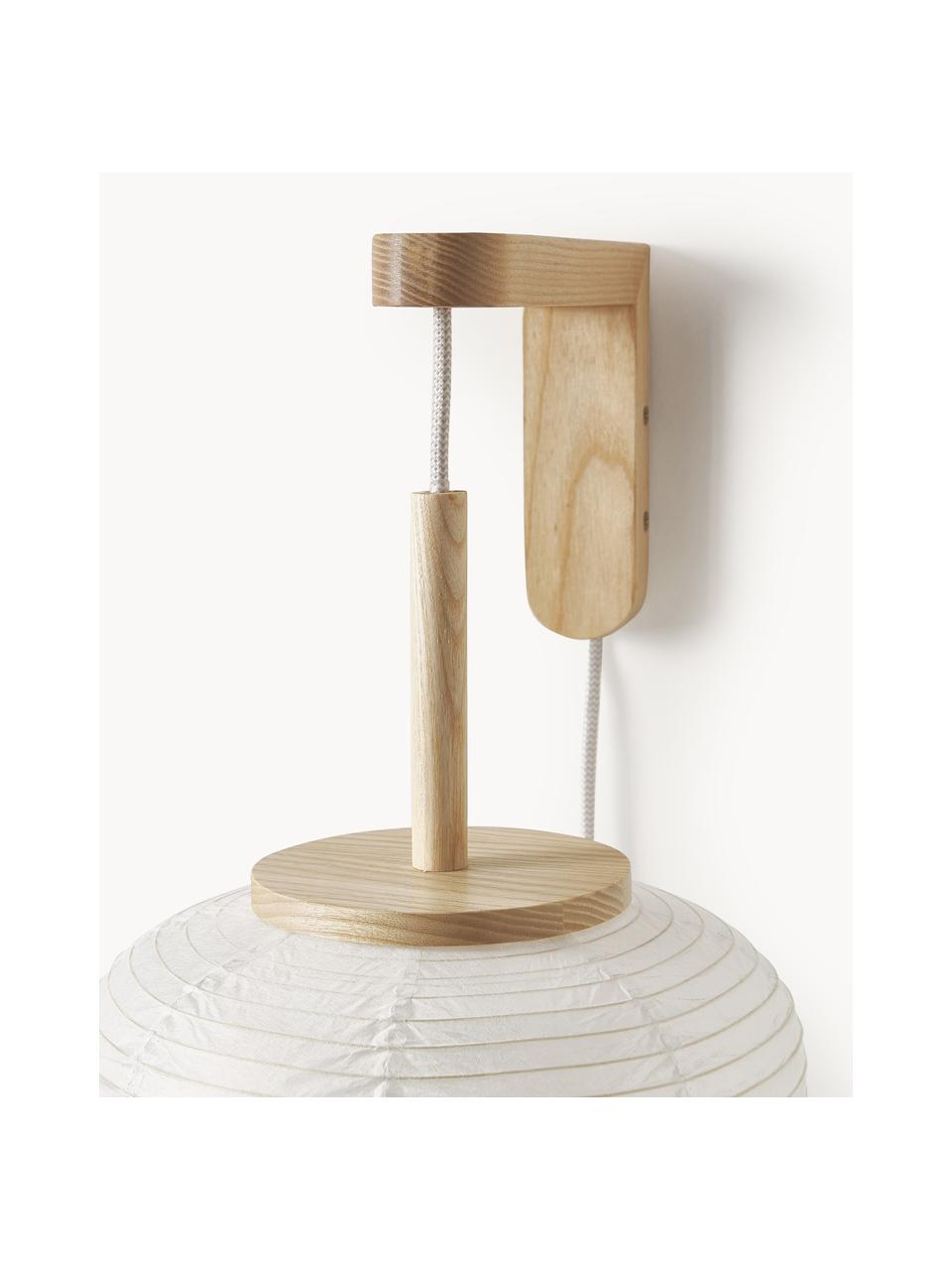 Design wandlamp Misaki uit rijstpapier, Lampenkap: rijstpapier, Decoratie: hout, Wit, helder hout, Ø 30 x H 60 cm