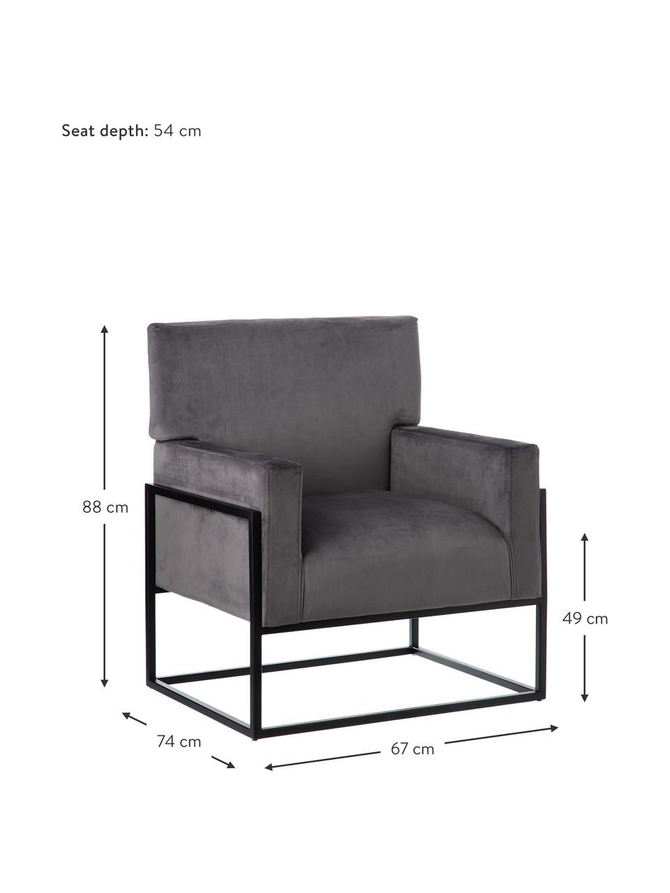 Poltrona in velluto Pete, Rivestimento: 100% velluto di poliester, Gambe: acciaio inossidabile, Grigio, nero, Larg. 67 x Prof. 74 cm