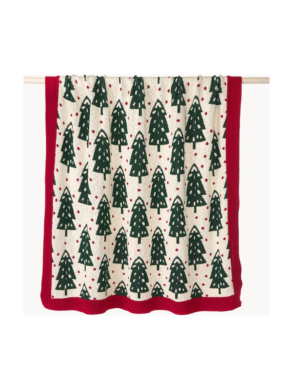 Coperta in cotone con motivo natalizio Noeleen, 100% cotone, Rosso, bianco latte, verde scuro, Larg. 130 x Lung. 170 cm