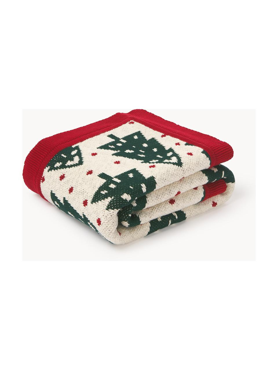 Baumwolldecke Noeleen mit weihnachtlichem Motiv, 100 % Baumwolle, Rot, Off White, Dunkelgrün, B 130 x L 170 cm