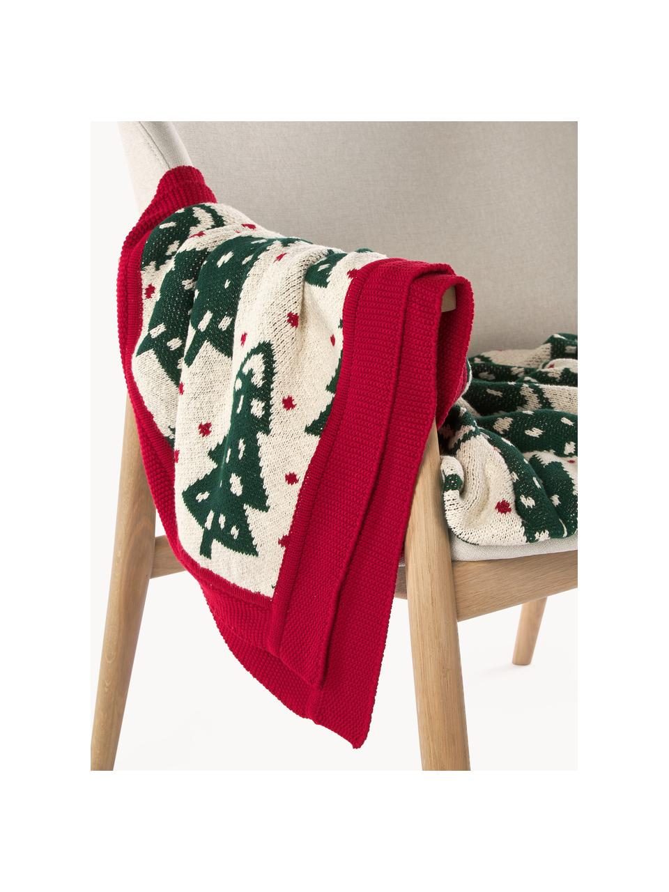 Coperta in cotone con motivo natalizio Noeleen, 100% cotone, Rosso, bianco latte, verde scuro, Larg. 130 x Lung. 170 cm