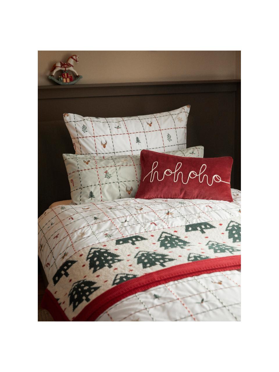 Baumwolldecke Noeleen mit weihnachtlichem Motiv, 100 % Baumwolle, Rot, Off White, Dunkelgrün, B 130 x L 170 cm
