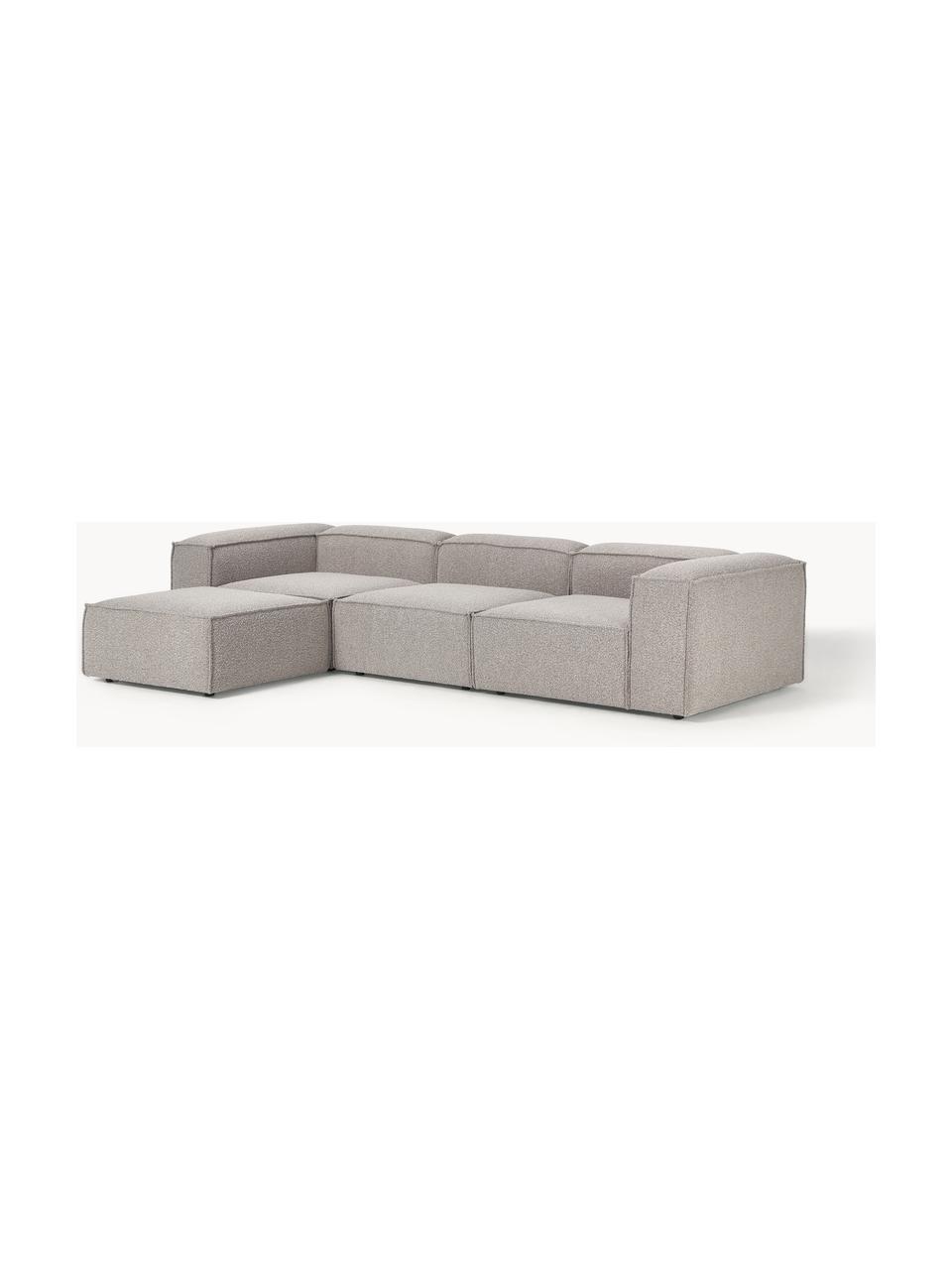 Modulares Sofa Lennon (4-Sitzer) aus Bouclé mit Hocker (links/rechts), Bezug: Bouclé (100 % Polyester) , Gestell: Massives Kiefernholz, Spe, Füße: Kunststoff Dieses Produkt, Bouclé Taupe, B 329 x T 207 cm