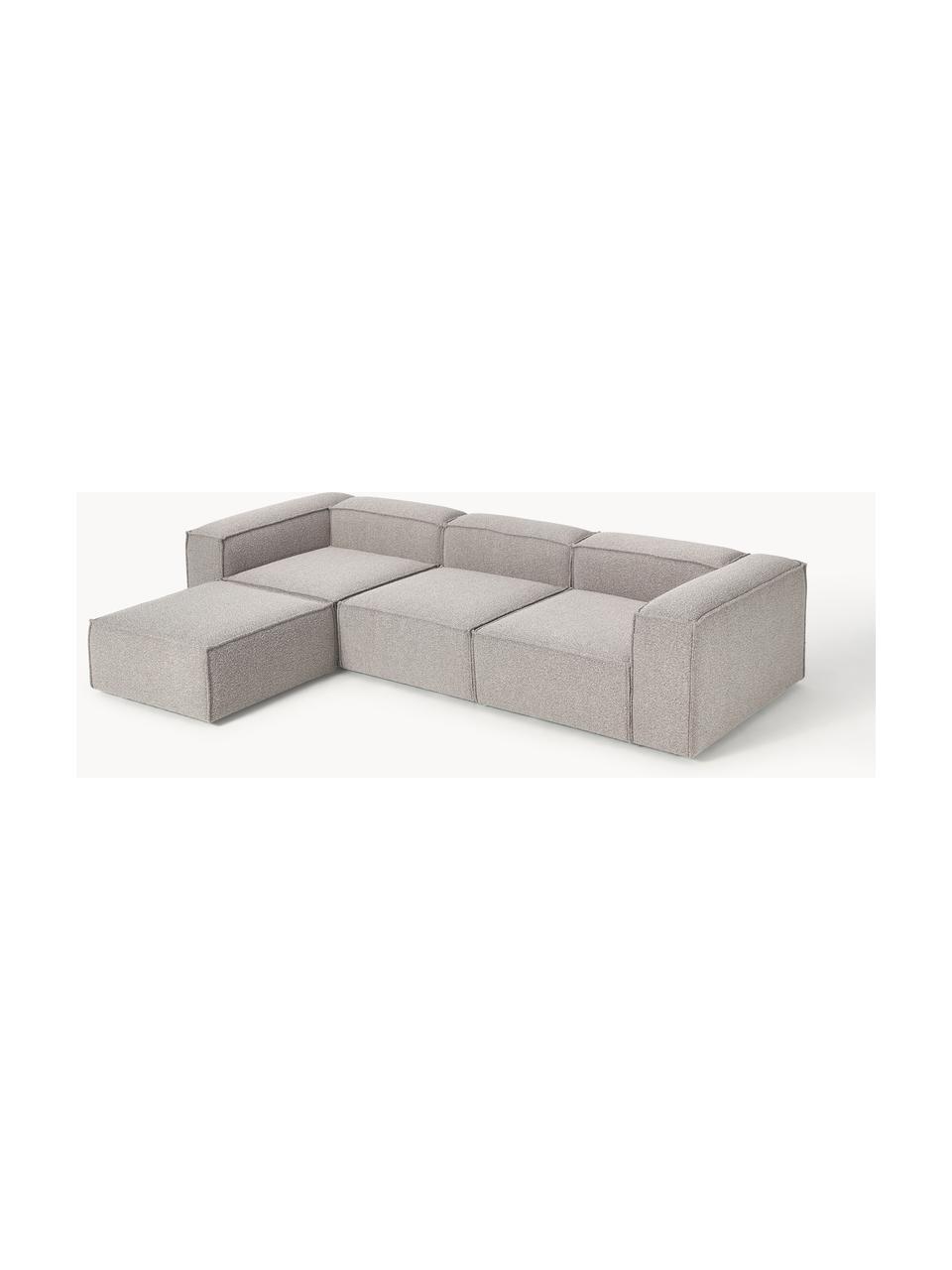 Canapé modulable 4 places en tissu bouclé avec pouf Lennon, Bouclé taupe, larg. 327 x prof. 207 cm