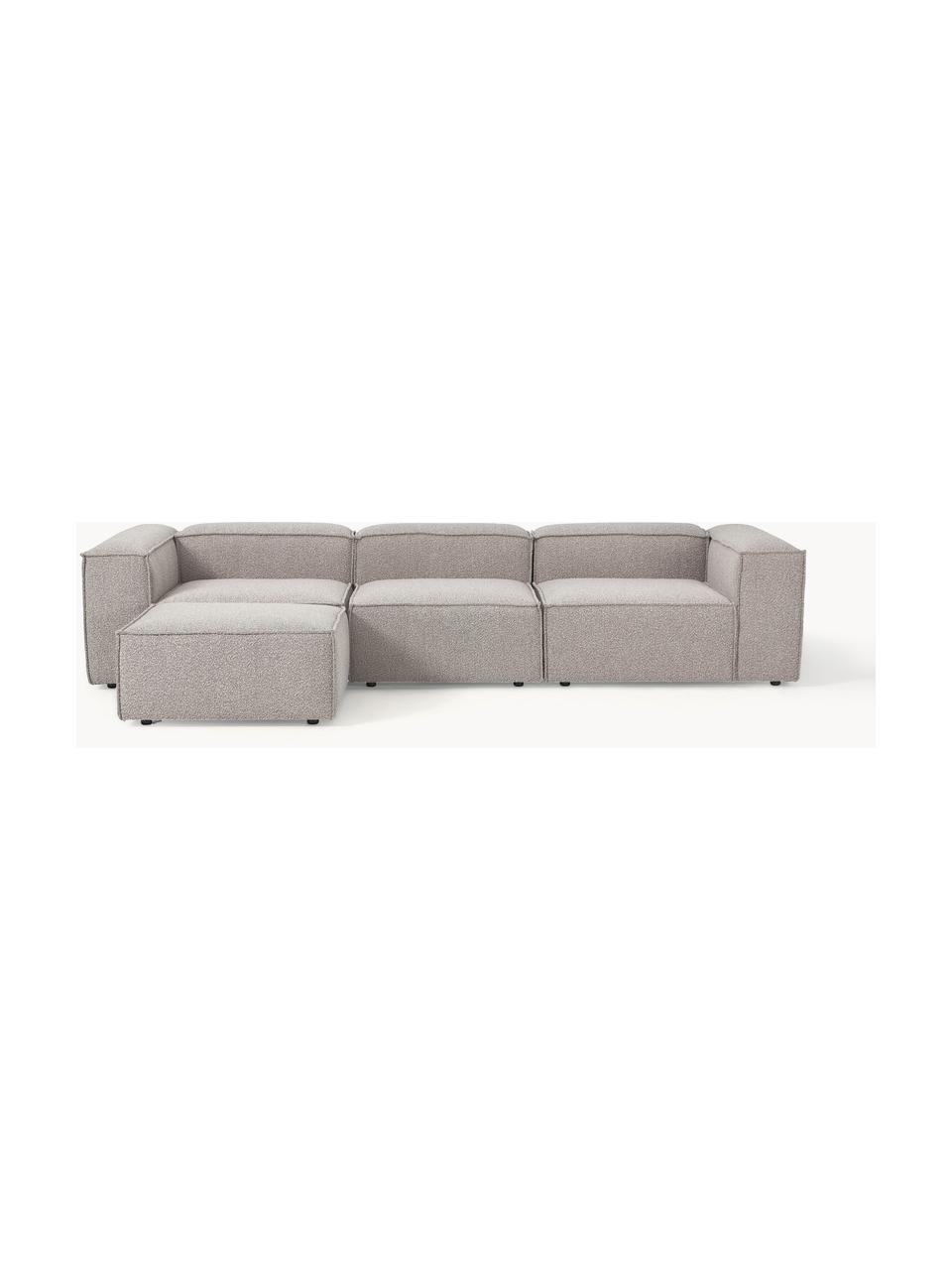 Modulares Sofa Lennon (4-Sitzer) aus Bouclé mit Hocker (links/rechts), Bezug: Bouclé (100 % Polyester) , Gestell: Massives Kiefernholz, Spe, Füße: Kunststoff Dieses Produkt, Bouclé Taupe, B 329 x T 207 cm