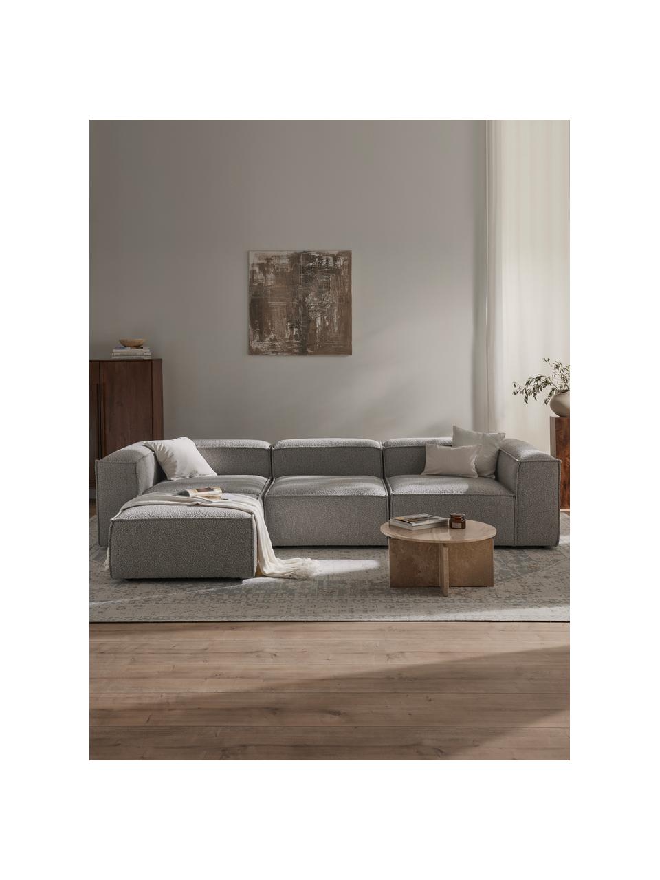 Modulares Sofa Lennon (4-Sitzer) aus Bouclé mit Hocker (links/rechts), Bezug: Bouclé (100 % Polyester) , Gestell: Massives Kiefernholz, Spe, Füße: Kunststoff Dieses Produkt, Bouclé Taupe, B 329 x T 207 cm