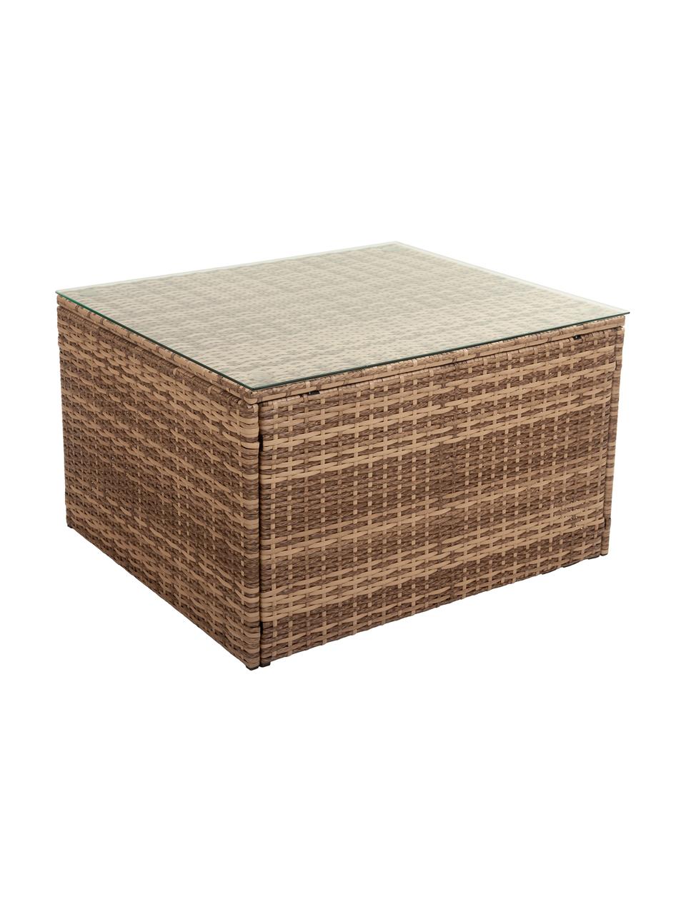 Salotto da giardino Beigi 4 pz, Struttura: rattan sintetico, Sottostruttura: metallo, Rivestimento: tessuto, Piano del tavolo: vetro, Marrone, Set in varie misure