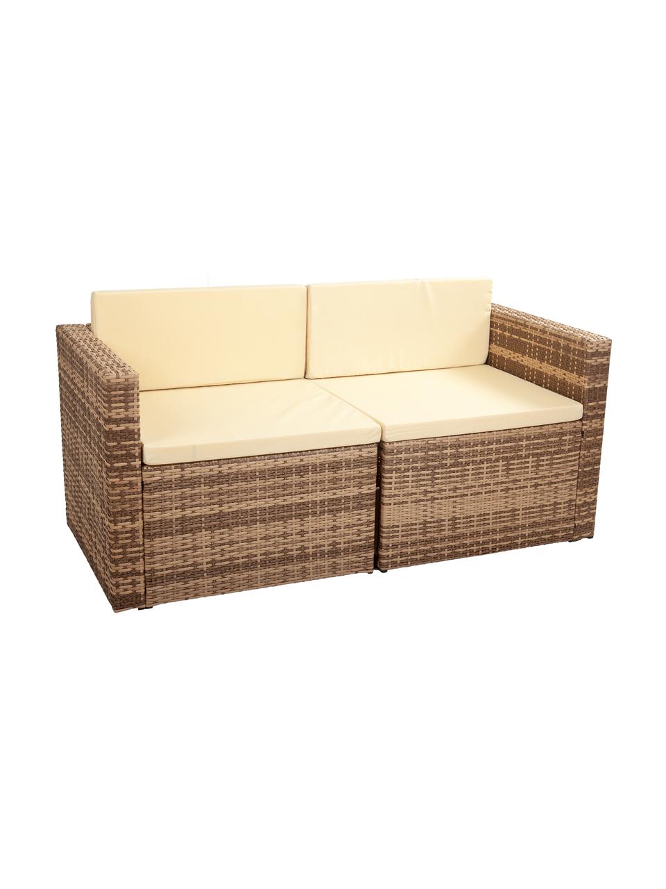 Salotto da giardino Beigi 4 pz, Struttura: rattan sintetico, Sottostruttura: metallo, Rivestimento: tessuto, Piano del tavolo: vetro, Marrone, Set in varie misure