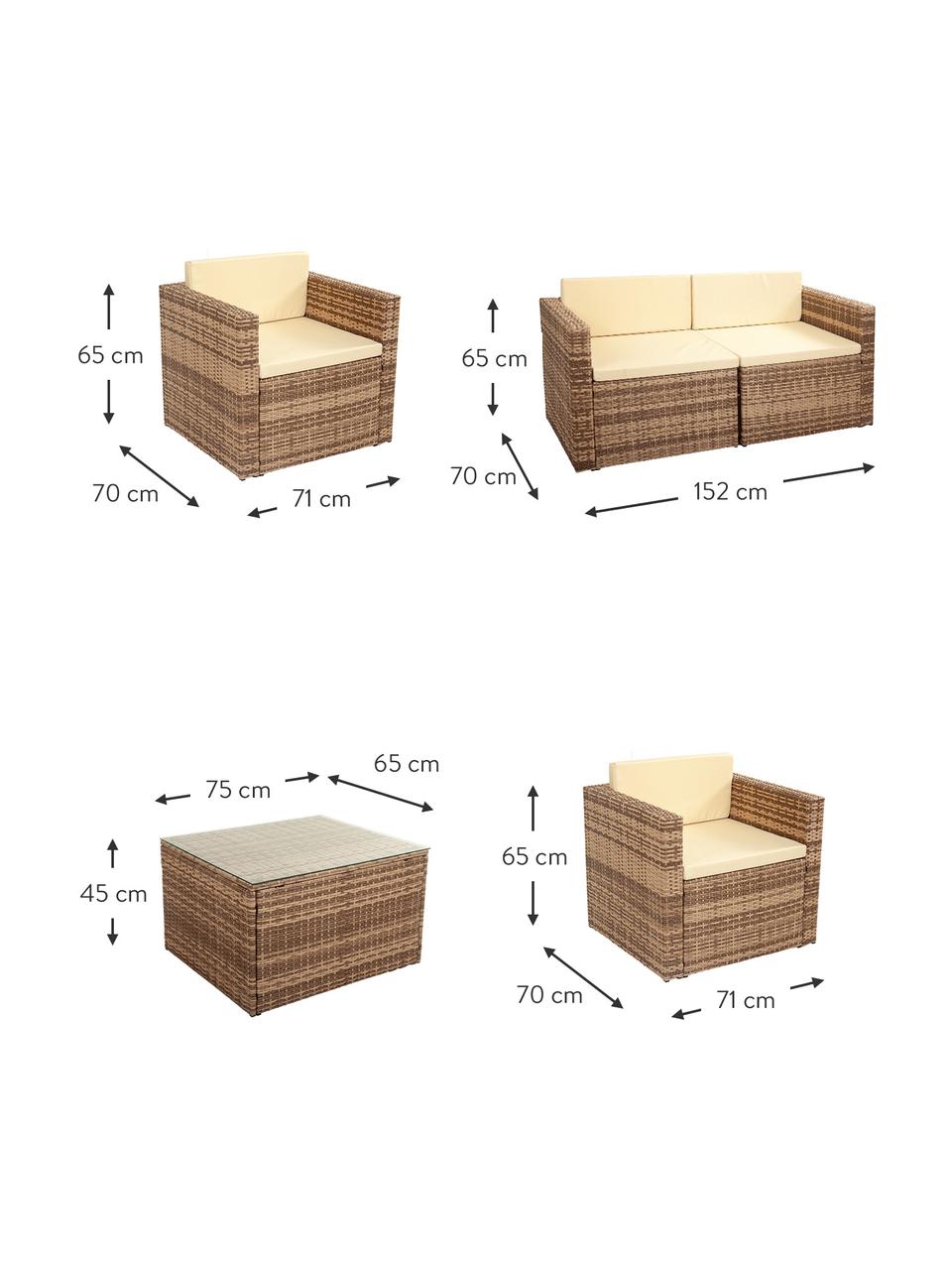 Salotto da giardino Beigi 4 pz, Struttura: rattan sintetico, Sottostruttura: metallo, Rivestimento: tessuto, Piano del tavolo: vetro, Marrone, Set in varie misure