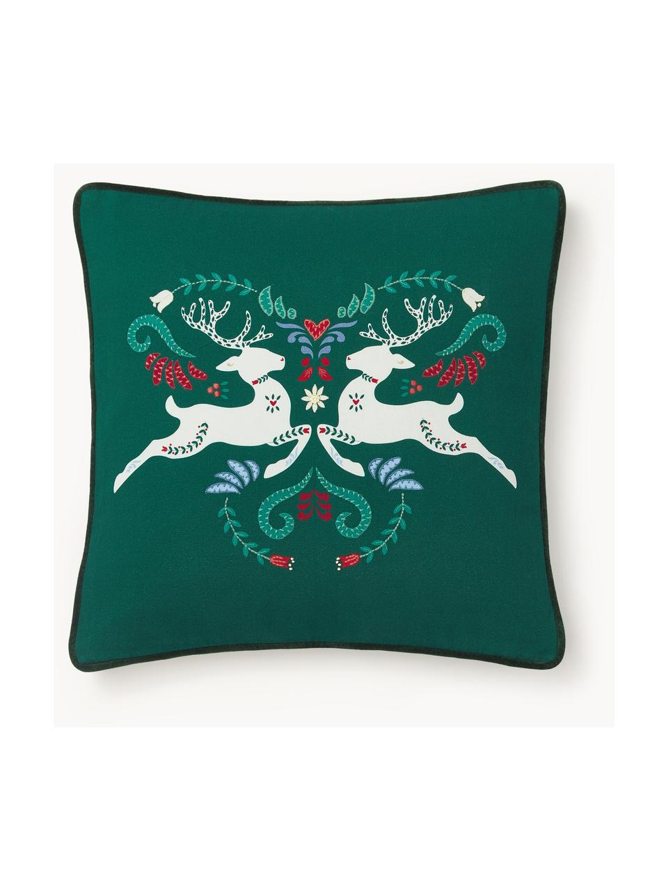 Copricuscino con motivo invernale Deers, Rivestimento: 100% cotone, Verde scuro, bianco, rosso, Larg. 45 x Lung. 45 cm