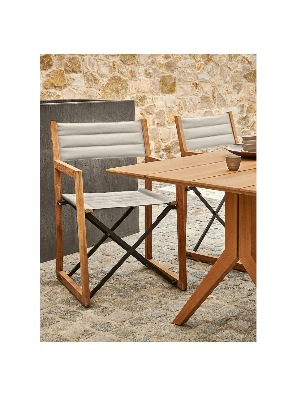 Ręcznie wykonane krzesło ogrodowe z drewna tekowego Loft, Stelaż: drewno tekowe, aluminium , Kremowobiała tkanina, drewno tekowe, S 56 x G 55 cm