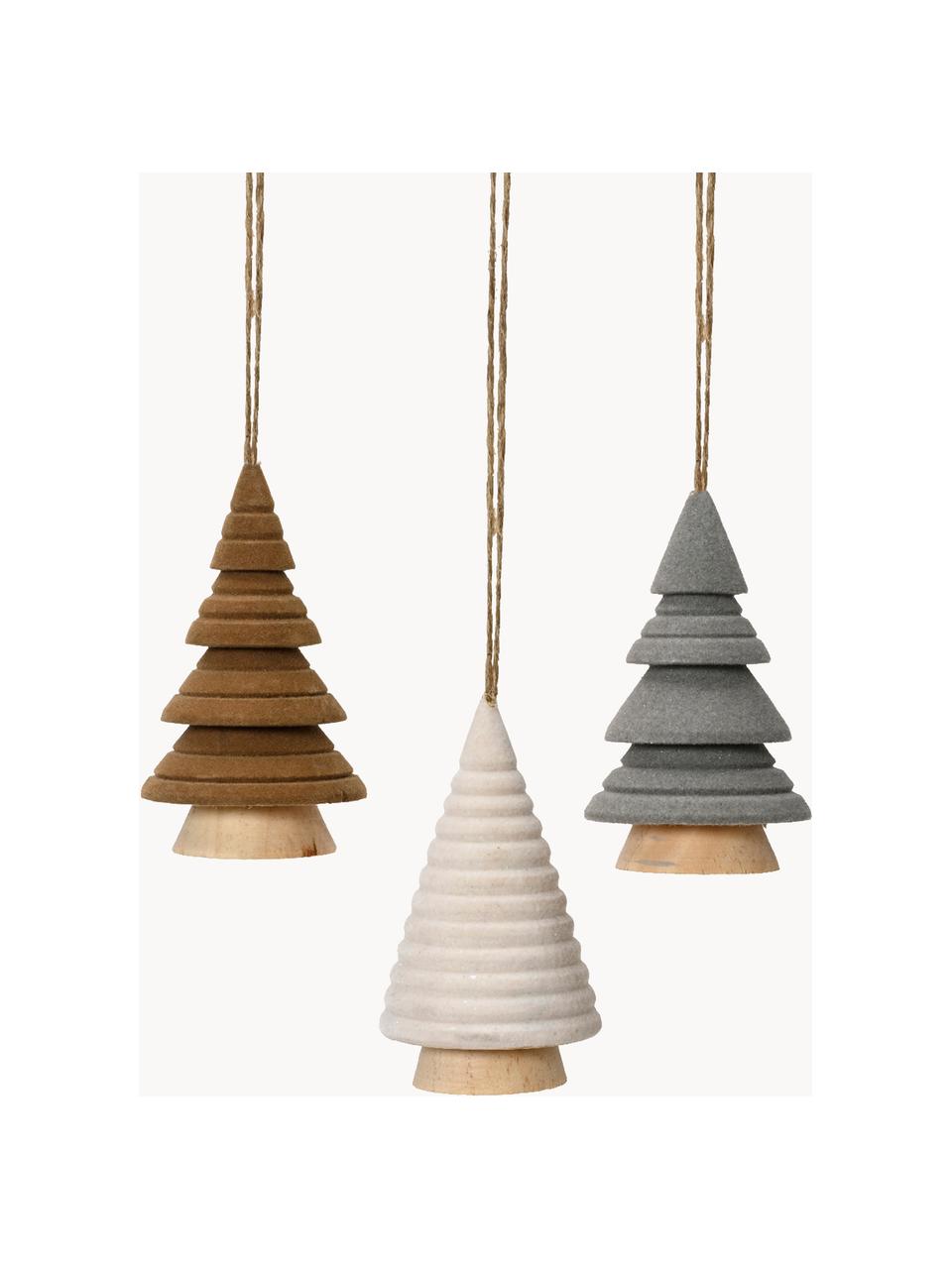 Set 3 addobbi per albero a forma di abete Maggie, Pannello MDF (fibra a media densità), Legno, grigio, marrone, bianco crema, Ø 6 x Alt. 10 cm