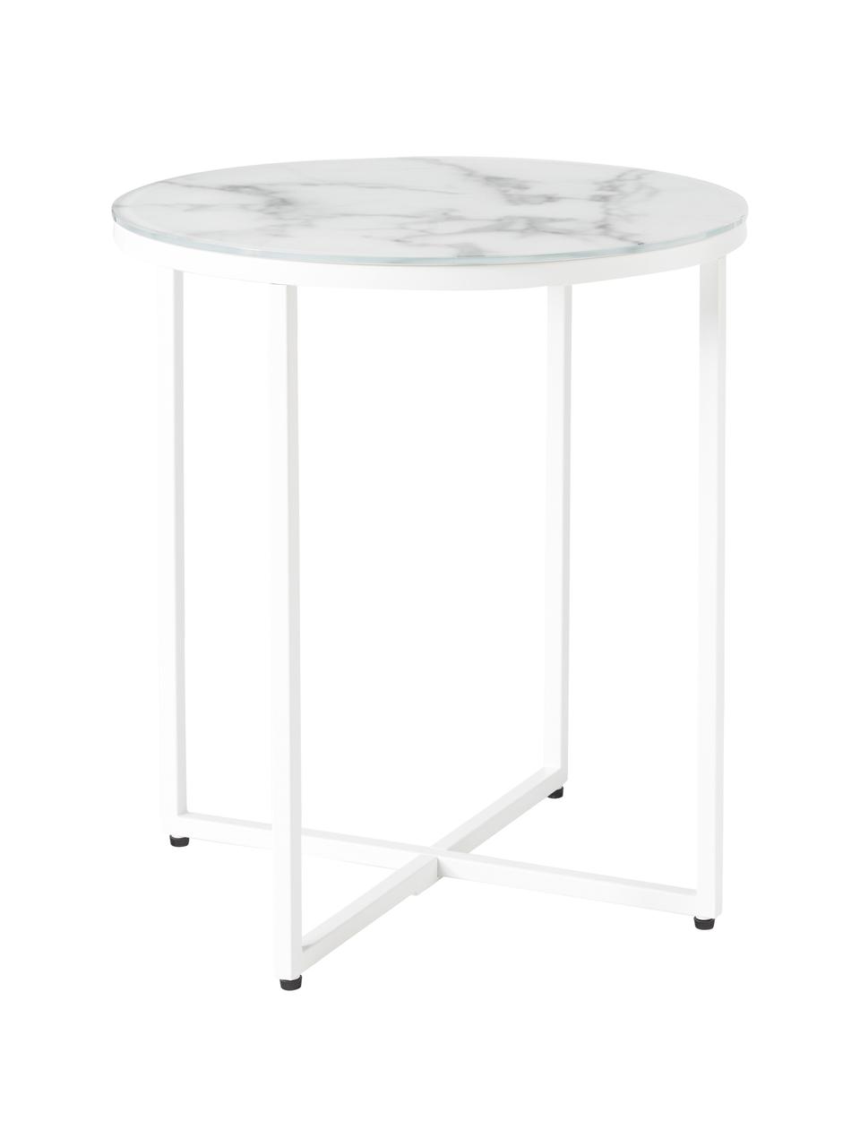 Table d'appoint ronde avec plateau en verre aspect marbre Antigua, Blanc, Ø 45 x haut. 50 cm