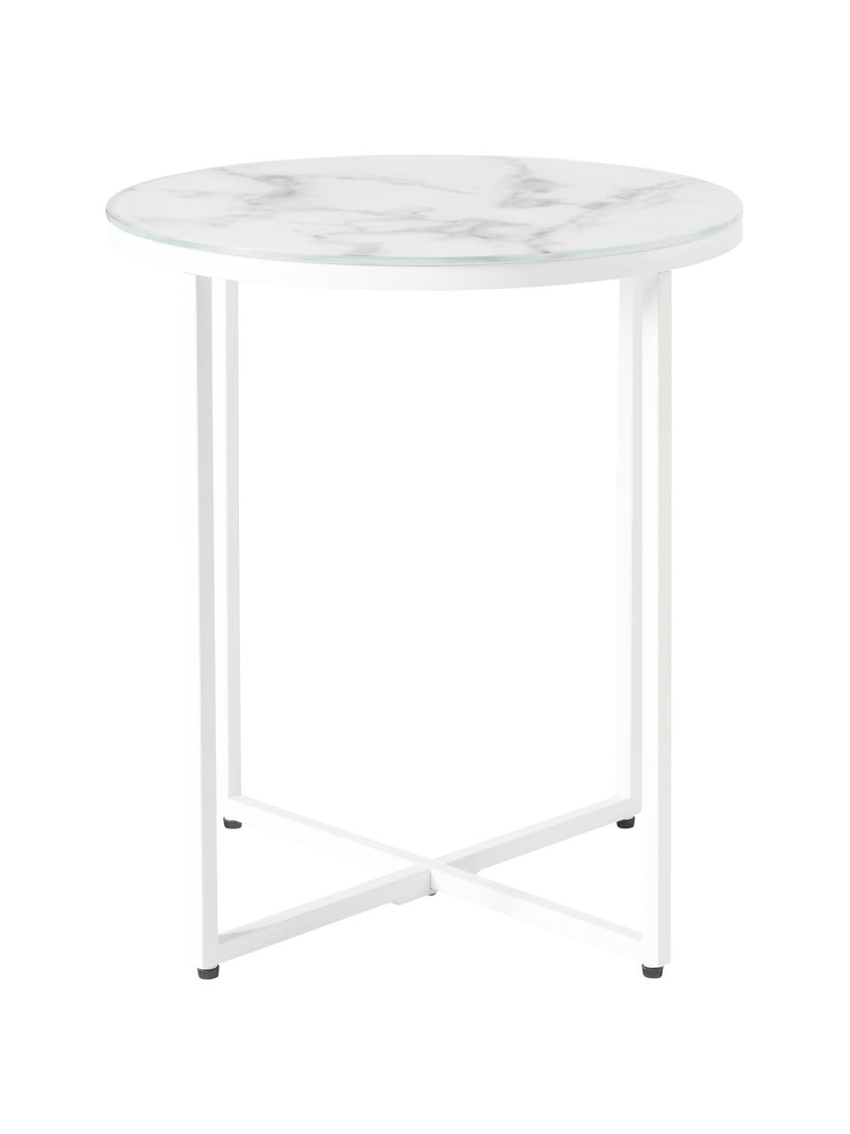 Table d'appoint ronde avec plateau en verre aspect marbre Antigua, Blanc, Ø 45 x haut. 50 cm