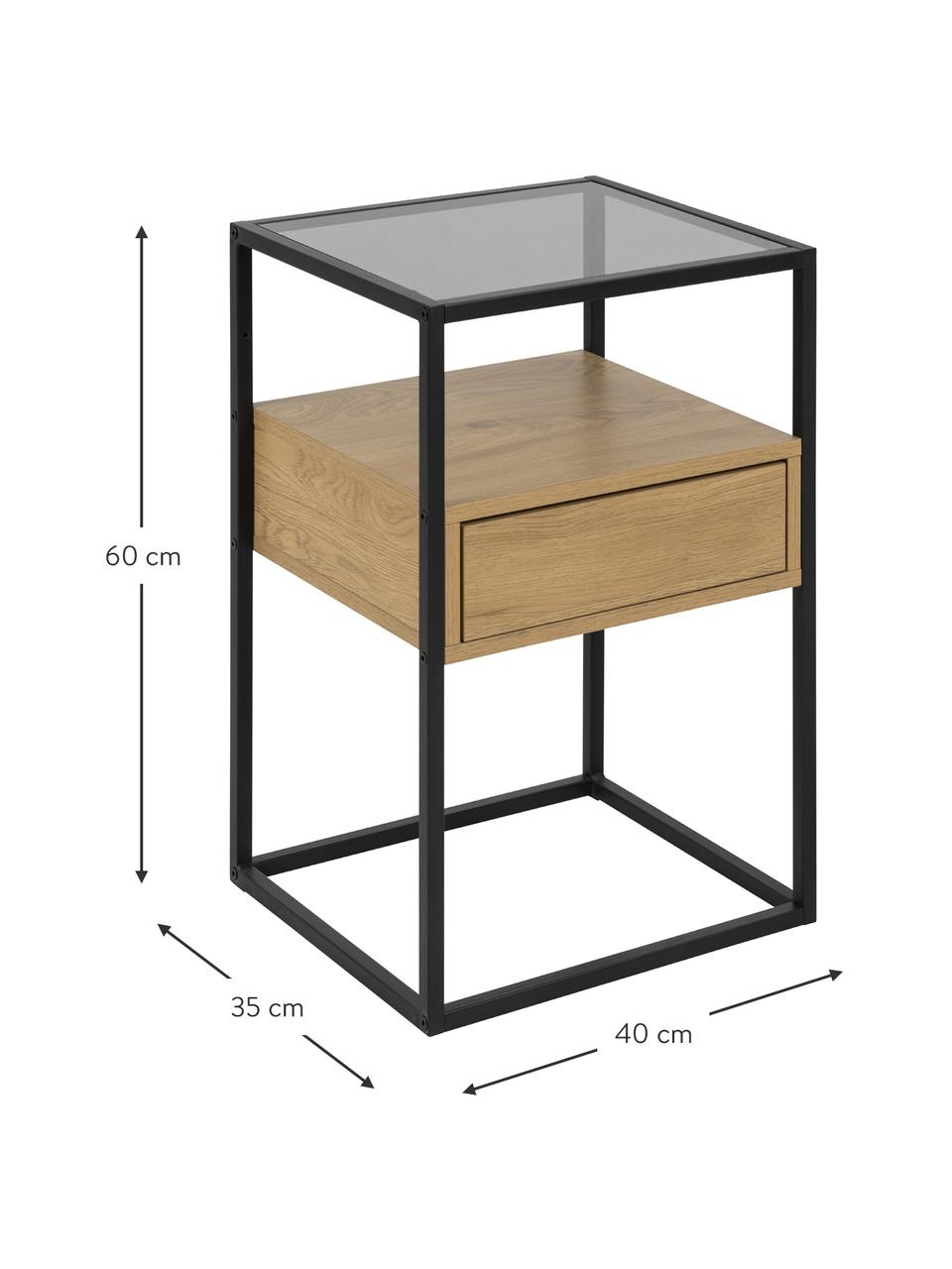 Glas-Nachttisch Randolf mit Schublade, Gestell: Metall, pulverbeschichtet, Tischplatte: Glas, Schwarz, Holz, B 40 x H 60 cm