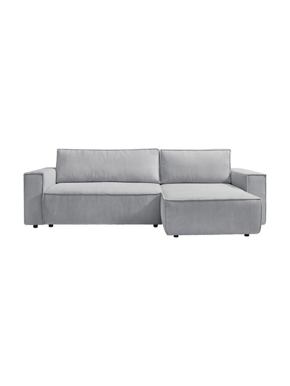 Sofá rinconera cama de pana Nihad (4 plazas), con espacio de almacenamiento, Tapizado: pana de poliéster, Patas: plástico, Pana gris claro, An 282 x F 153 cm