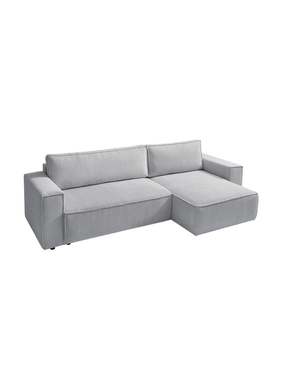 Sofá rinconera cama de pana Nihad, con espacio de almacenamiento, Tapizado: pana de poliéster, Patas: plástico, Pana gris claro, An 282 x F 153 cm