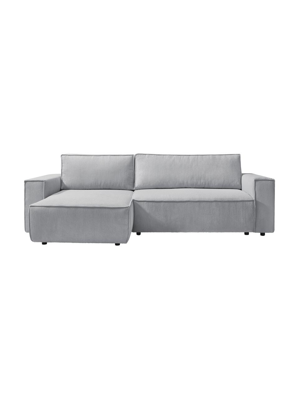 Divano letto angolare in velluto a coste grigio chiaro con contenitore Nihad, Rivestimento: corda di poliestere, Sottostruttura: legno, molle Nosag, Piedini: plastica, Tessuto grigio chiaro, nero, Larg. 282 x Prof. 153 cm