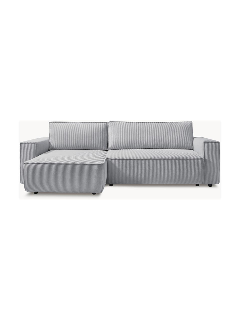 Sofá rinconera cama de pana Nihad (4 plazas), con espacio de almacenamiento, Tapizado: pana de poliéster, Patas: plástico, Pana gris claro, An 282 x F 153 cm