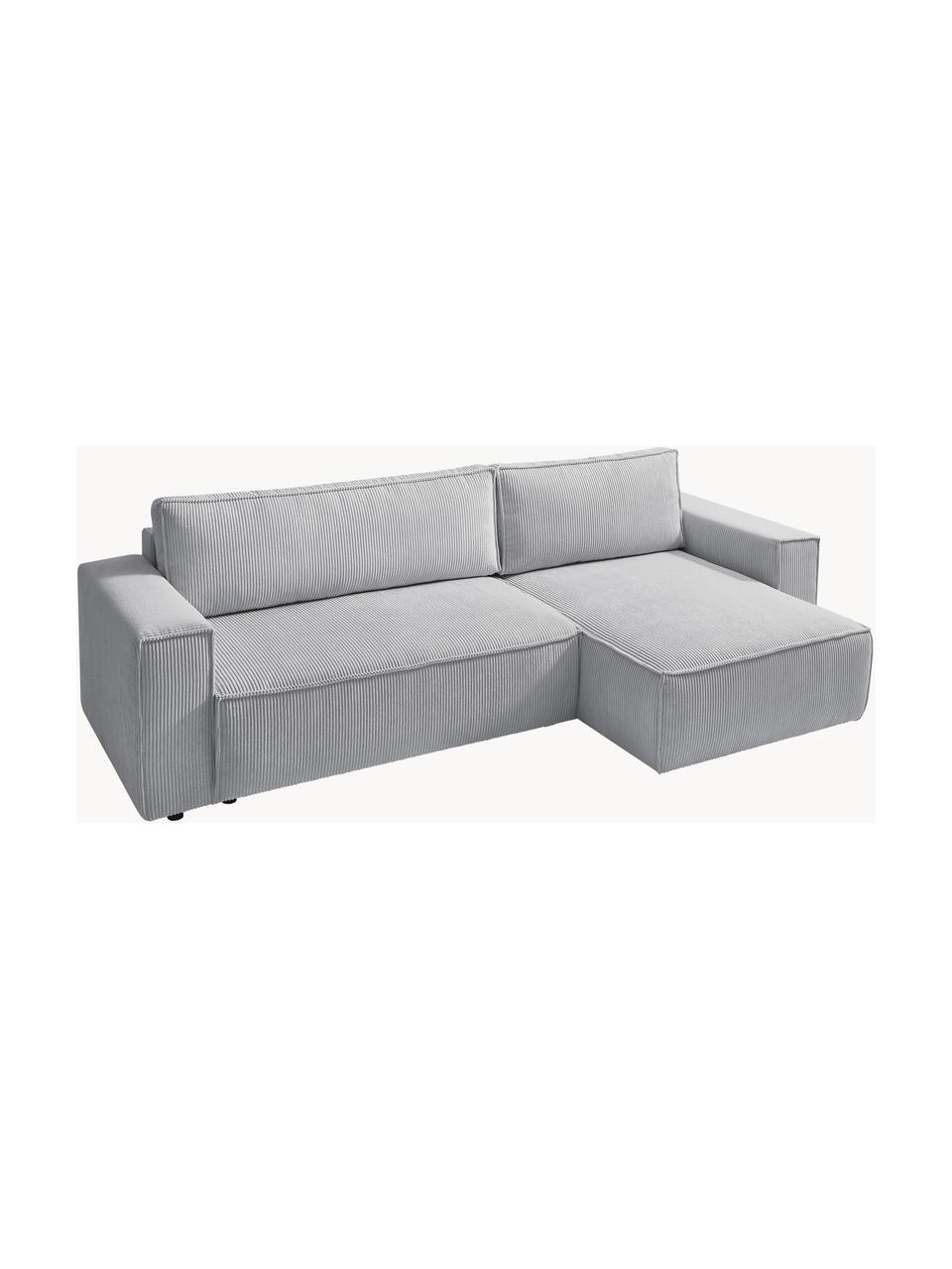 Sofá rinconera cama de pana Nihad (4 plazas), con espacio de almacenamiento, Tapizado: pana de poliéster, Patas: plástico, Pana gris claro, An 282 x F 153 cm