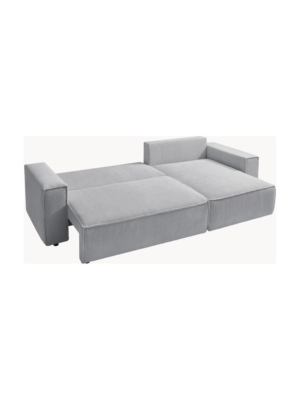 Divano letto angolare 4 posti in velluto a coste con contenitore Nihad, Rivestimento: corda di poliestere, Sottostruttura: legno, molle Nosag, Piedini: plastica, Tessuto grigio chiaro, nero, Larg. 282 x Prof. 153 cm