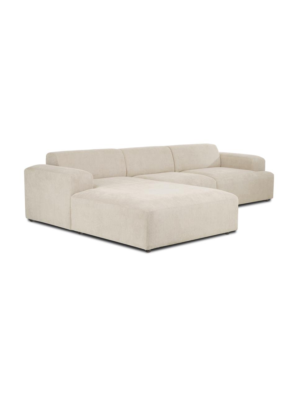 Sofa narożna ze sztruksu Melva (4-osobowa), Tapicerka: sztruks (92% poliester, 8, Stelaż: lite drewno sosnowe, cert, Nogi: tworzywo sztuczne, Beżowy sztruks, S 319 x G 196 cm, lewostronna