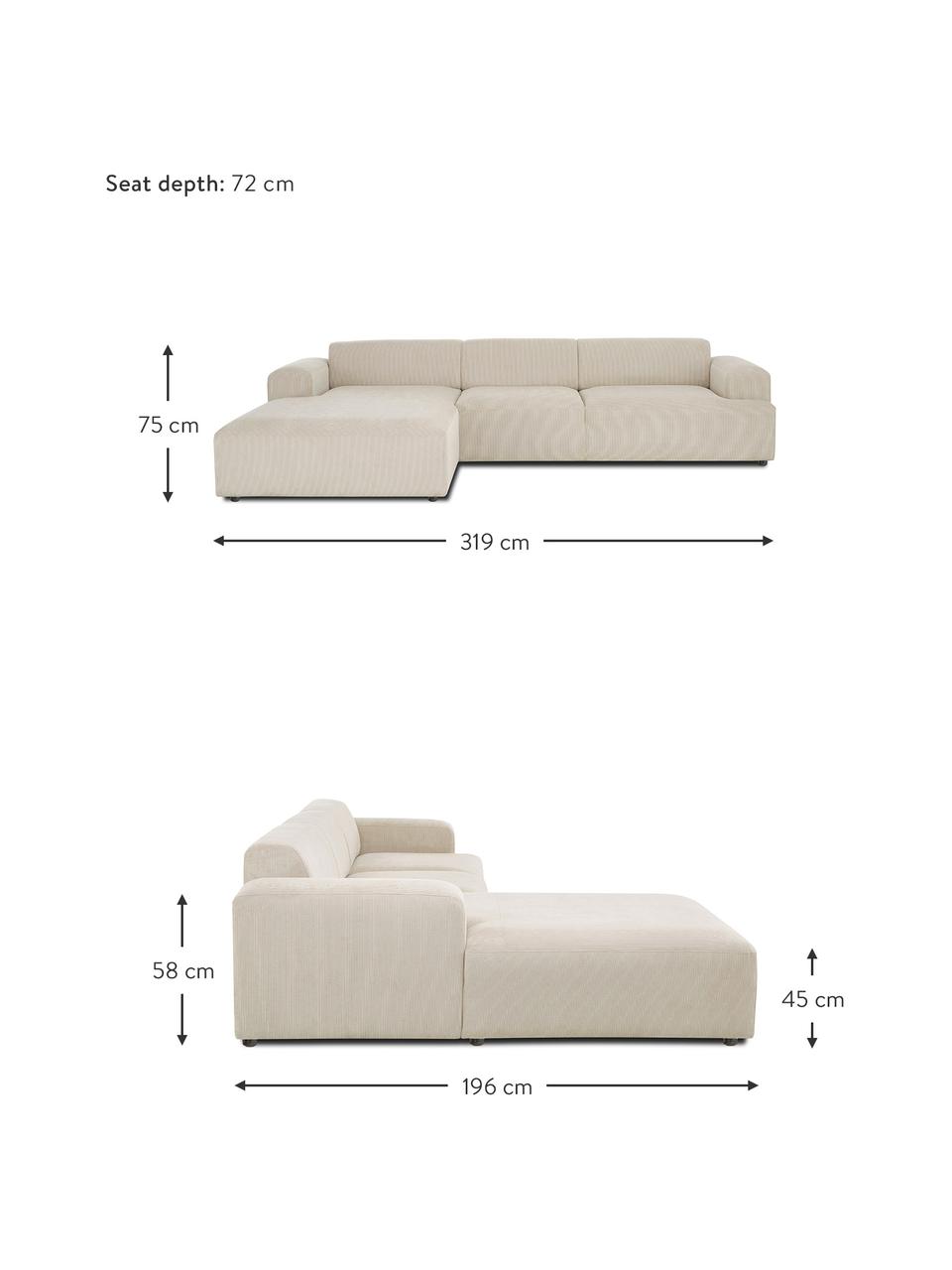 Divano angolare a 4 posti in velluto a coste Melva, Rivestimento: velluto a coste (92% poli, Struttura: legno di pino massiccio, , Piedini: plastica, Velluto a coste beige, Larg. 319 x Prof. 196 cm, chaise-longue a sinistra