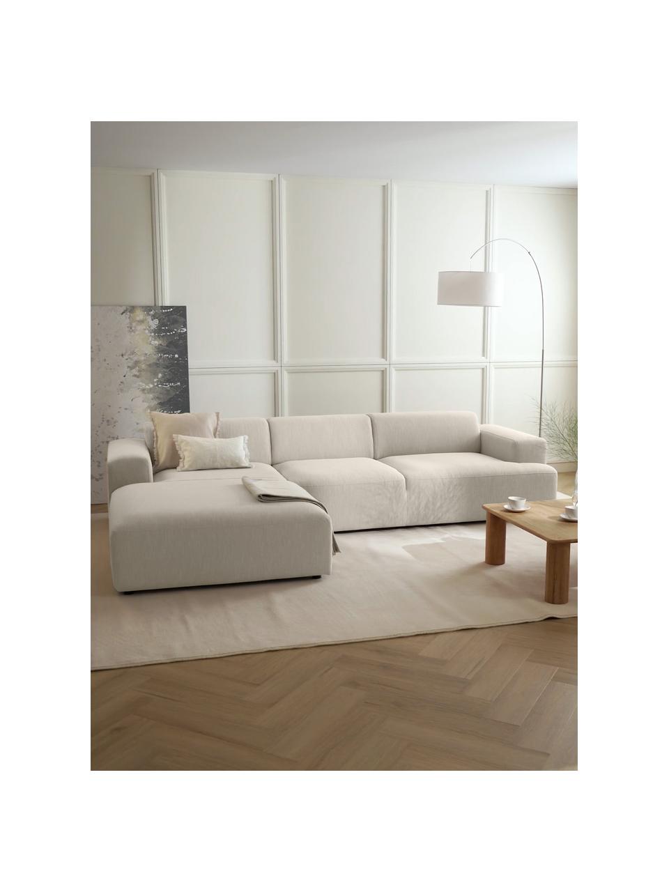 Canapé d'angle 4 places velours côtelé Melva, Velours côtelé beige, larg. 319 x prof. 196 cm, méridienne à gauche