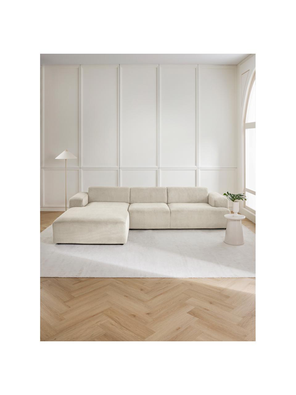 Sofá rinconera de pana Melva (4 plazas), Tapizado: pana (92% poliéster, 8% p, Estructura: madera de pino maciza, ag, Patas: plástico Este producto es, Pana beige claro, An 319 x F 195 cm, chaise longue izquierda