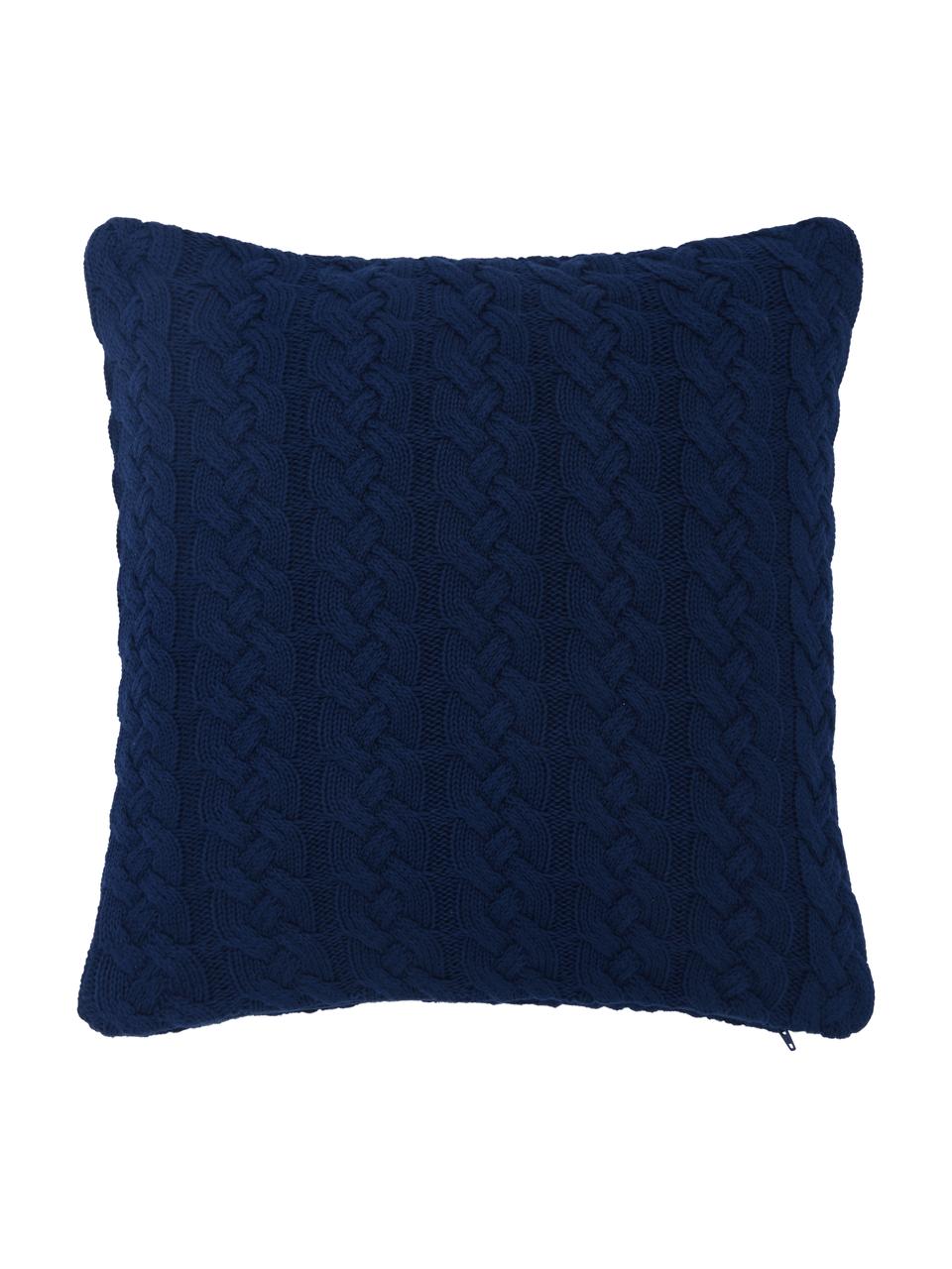 Gebreide kussenhoes Caleb met kabelpatroon, 100% katoen, Blauw, 40 x 40 cm