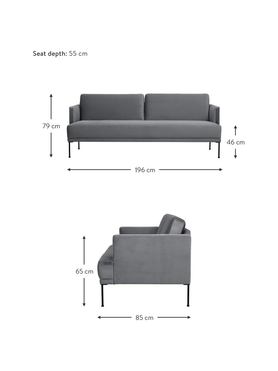 Canapé 3 places en velours et pieds en métal Fluente, Tissu gris foncé, larg. 196 x prof. 85 cm