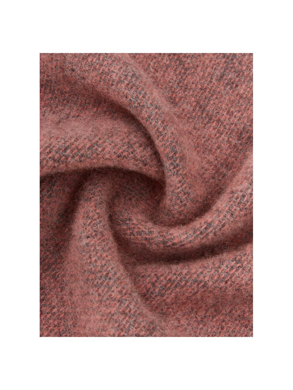Dubbelzijdige wollen plaid Tirol in roze/grijs met franjes, Roze, grijs, B 140 x L 200 cm