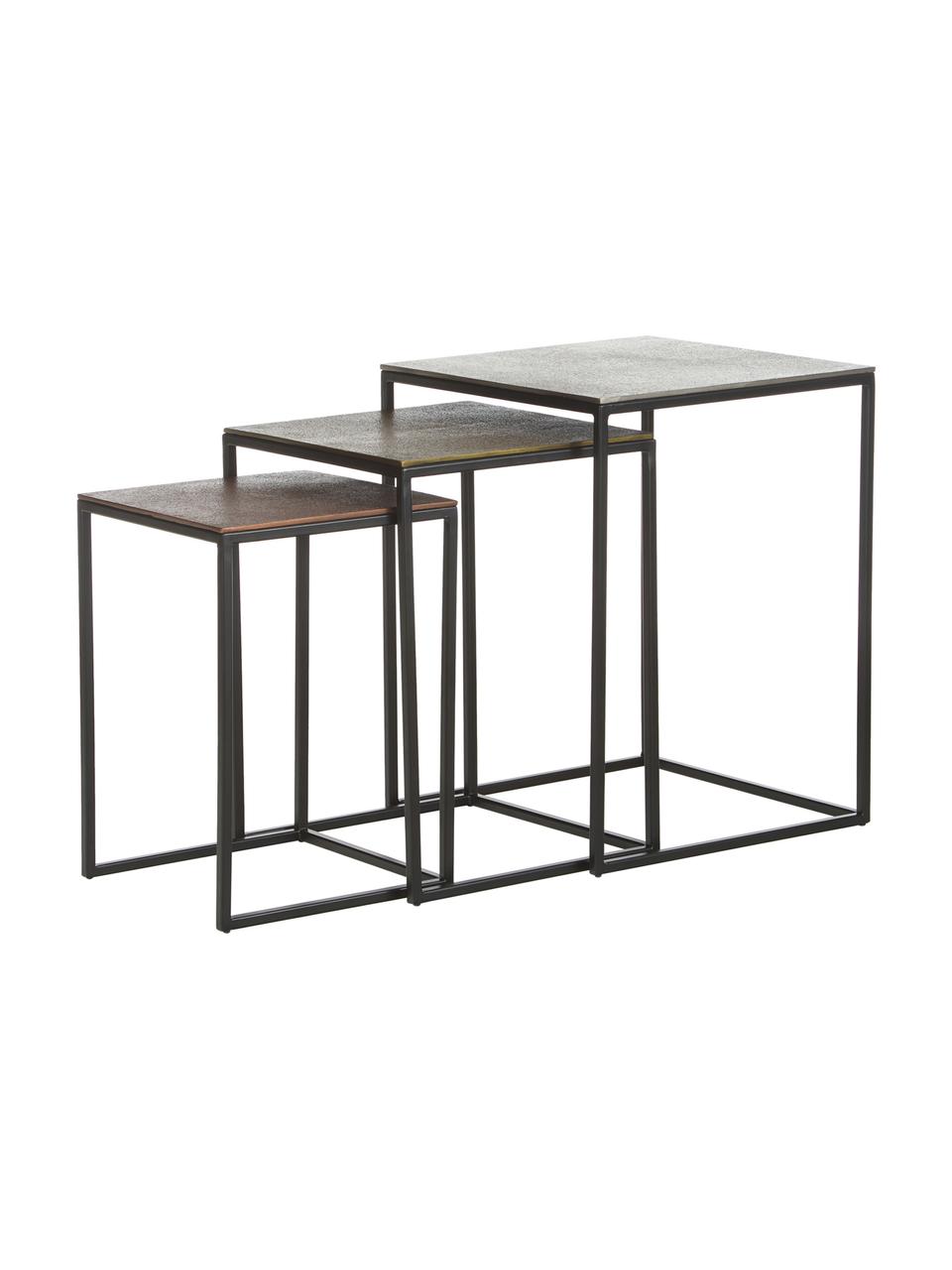 Set de mesas auxiliares Dwayne, 3 uds., Tablero: aluminio, recubierto, Estructura: metal pintado, Aluminio, latón, Set de diferentes tamaños