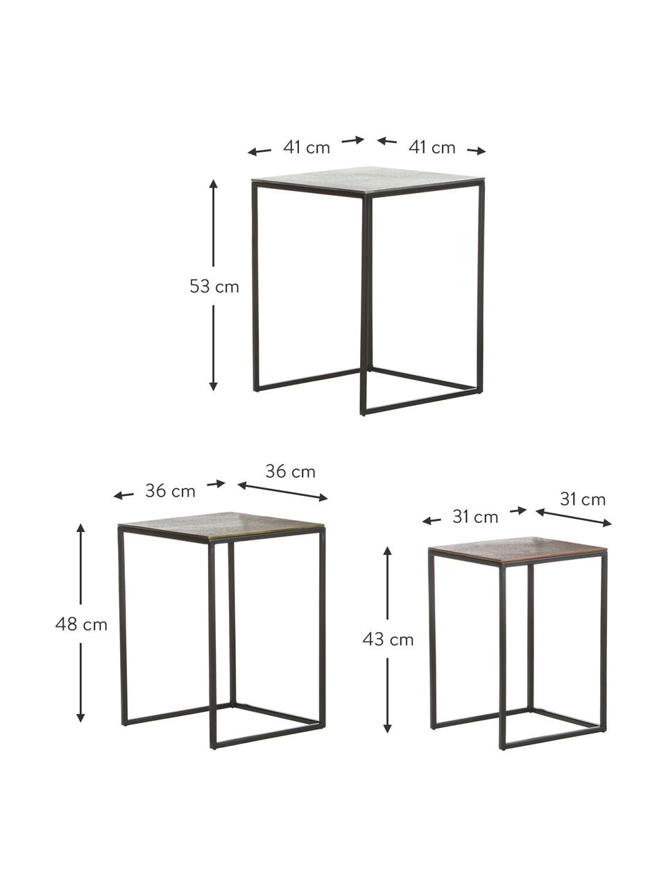 Set de mesas auxiliares Dwayne, 3 uds., Tablero: aluminio, recubierto, Estructura: metal pintado, Plateado, latón, bronce, Set de diferentes tamaños