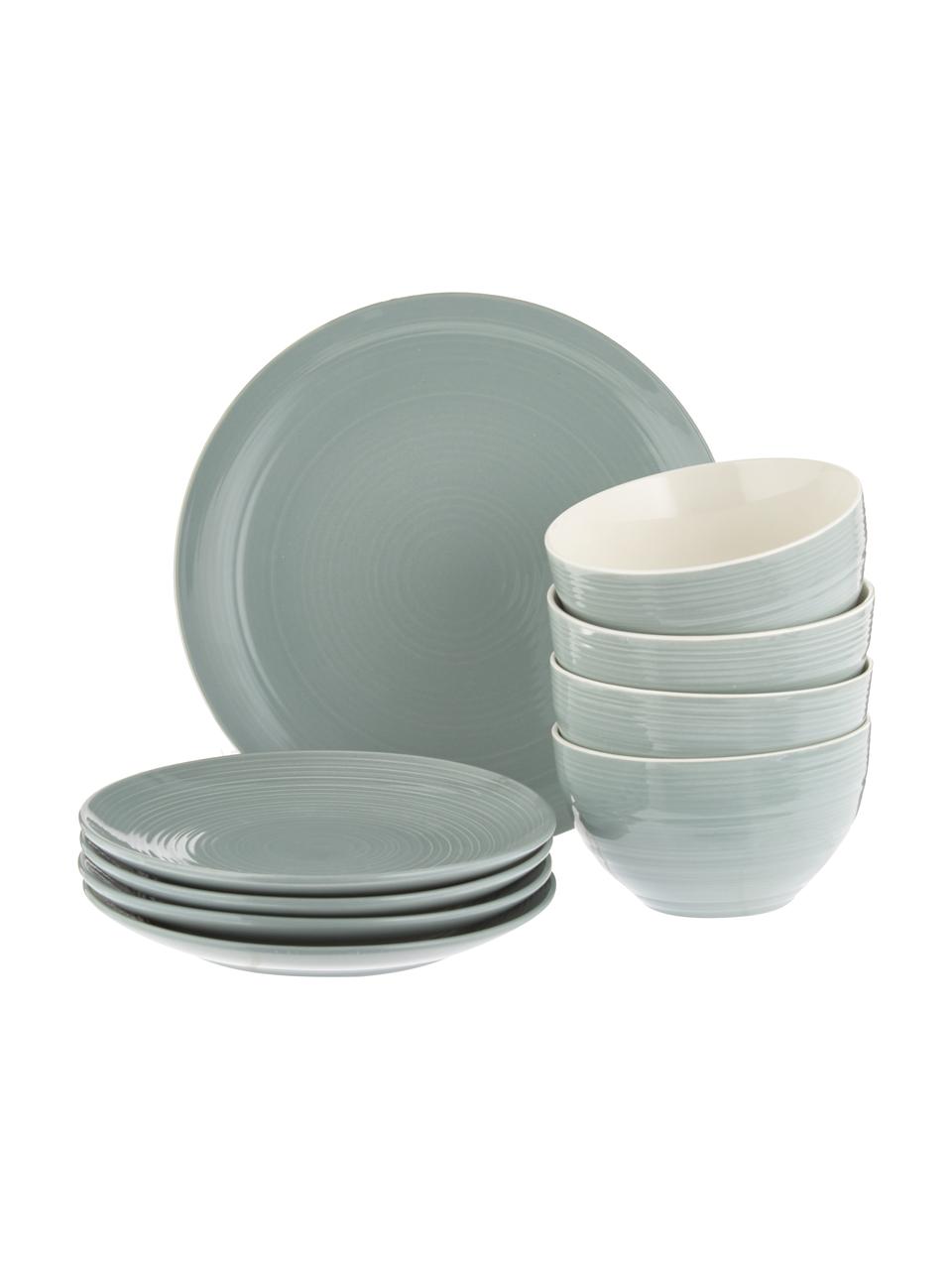 Súprava tanierov Darby pre 4 osoby, 12 dielov, Porcelán New Bone China, Zelená, lomená biela, Súprava s rôznymi veľkosťami
