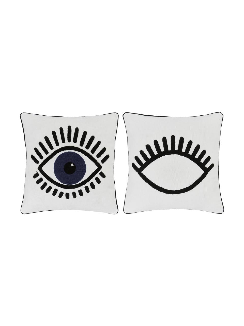 Kussenhoes Charms met oogmotief, 2 stuks, 100% katoen, Wit, zwart, blauw, 45 x 45 cm