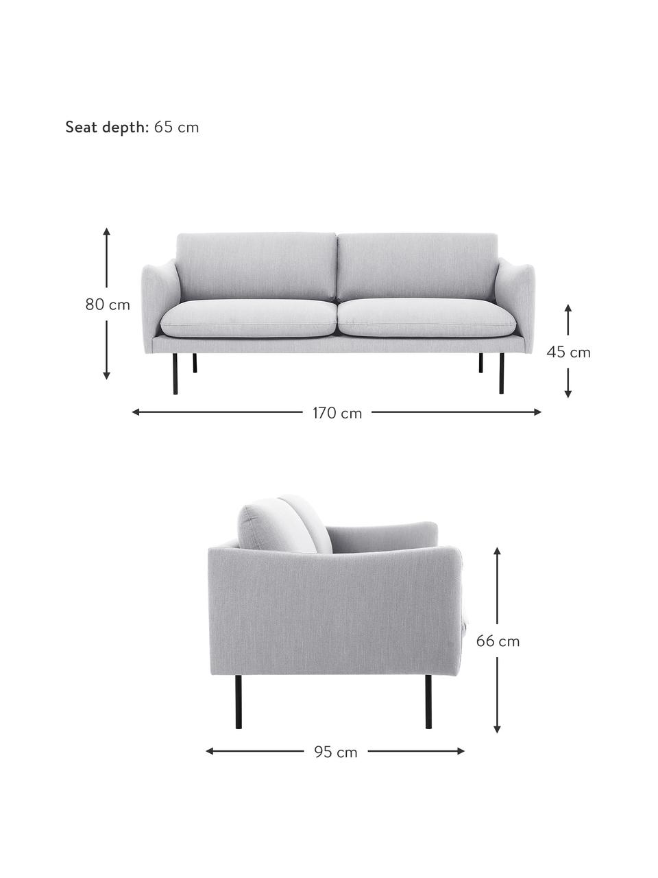 Canapé 2 places avec pieds en métal Moby, Tissu gris clair, larg. 170 x prof. 95 cm