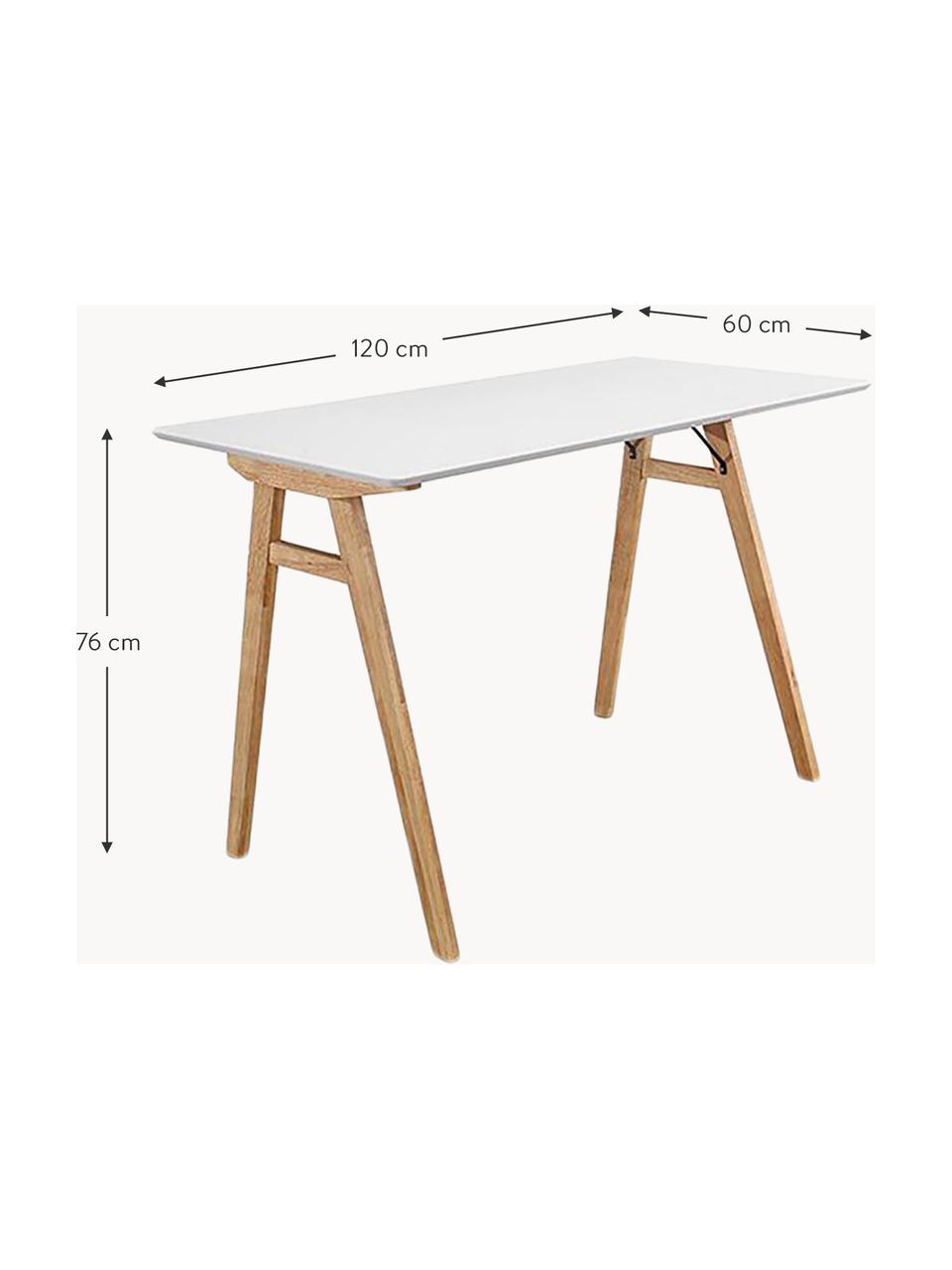 Schreibtisch Vojens mit weißer Tischplatte, Tischplatte: Mitteldichte Holzfaserpla, Beine: Gummibaumholz, Holz, Weiß, B 120 x T 60 cm