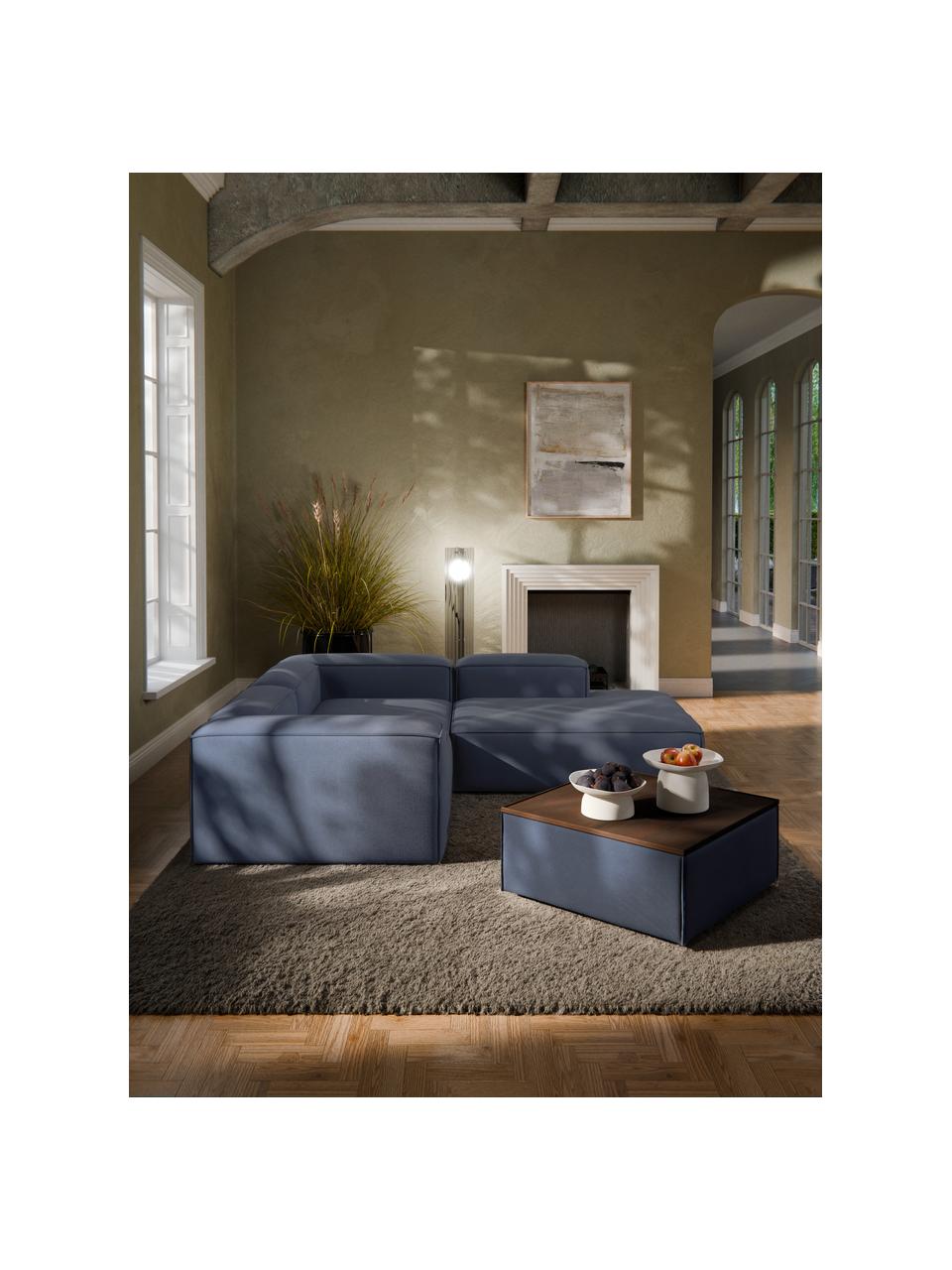 Sofa-Hocker Lennon mit Stauraum, Bezug: 100 % Polyester Der strap, Tablett: Eichenholz, Spannplatte m, Gestell: Spanplatte, mitteldichte , Webstoff Dunkelblau, dunkles Eichenholz, B 88 x T 88 cm