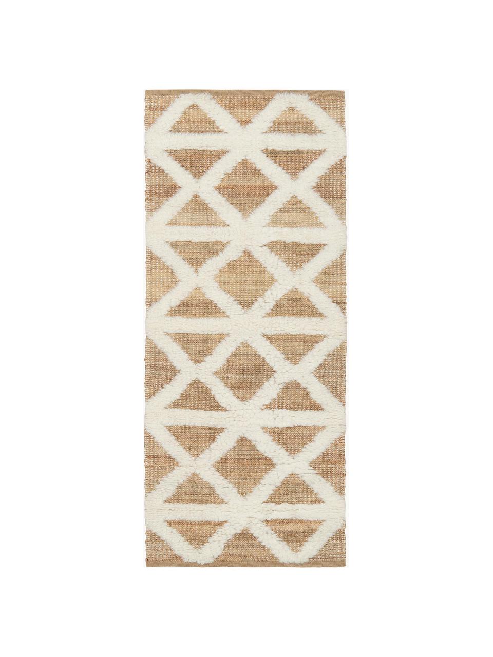 Handgewebter Juteläufer Malea, 57 % Jute, 35 % Wolle, 7 % Baumwolle, Beige, Cremeweiß, B 80 x L 250 cm