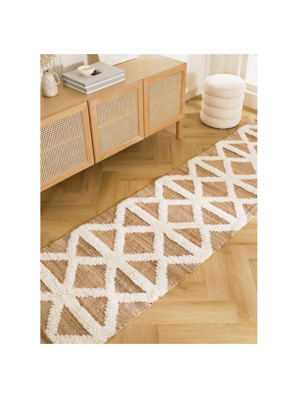 Handgewebter Juteläufer Malea, 57 % Jute, 35 % Wolle, 7 % Baumwolle, Beige, Cremeweiss, B 80 x L 250 cm